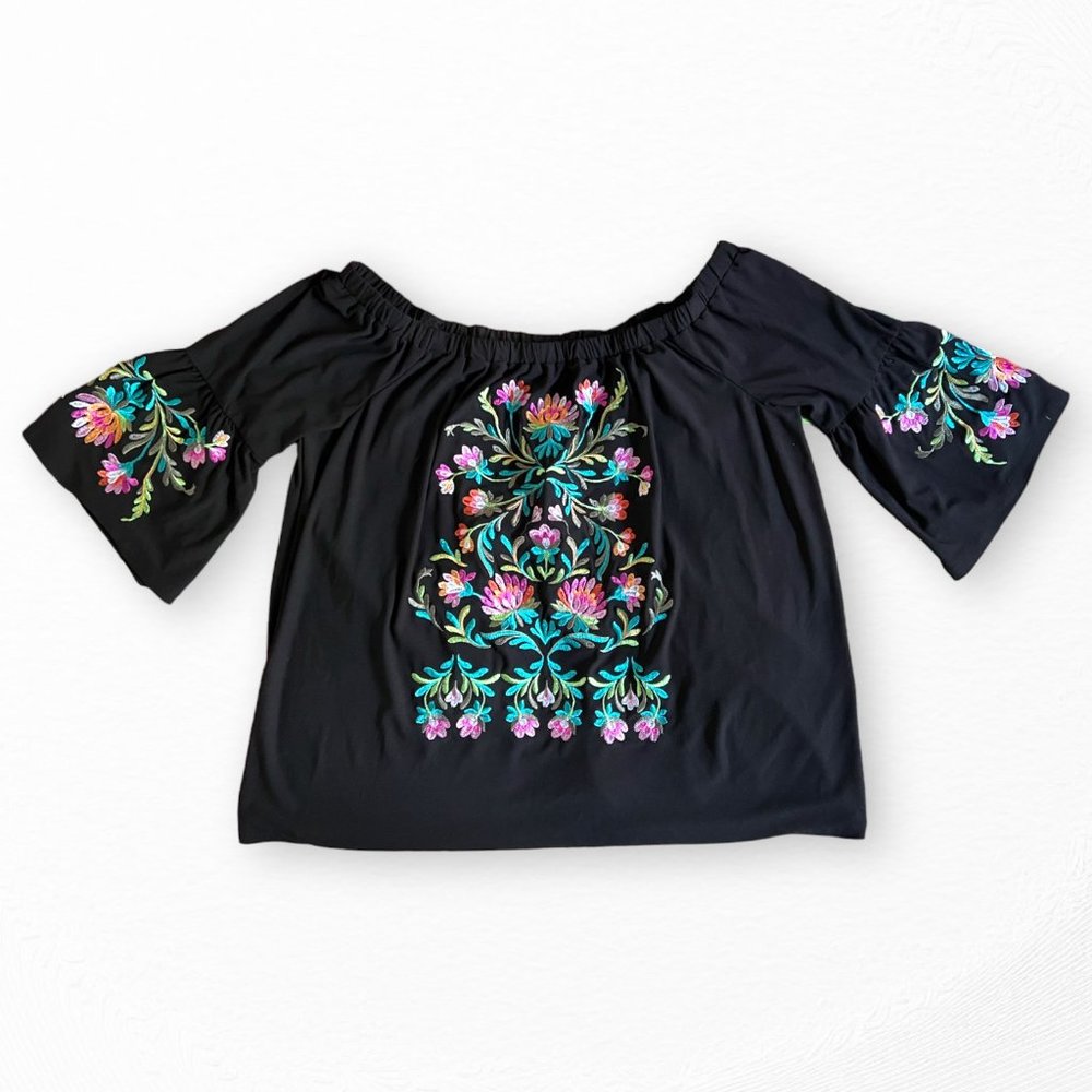 INC Black off-the-shoulder floral embroidery bell sleeve  - L blouse